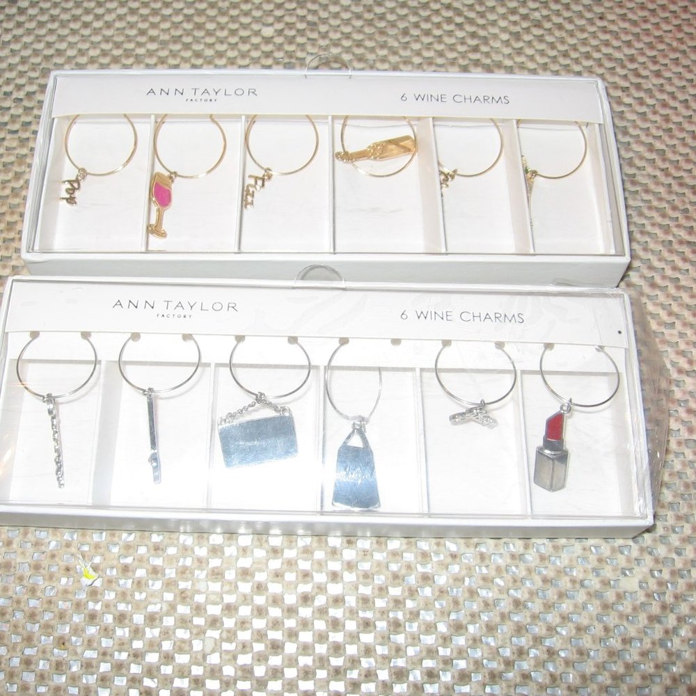 Ann Taylor 12 Assorted Wine Glass Charms 2 Boxes of 6 New In Box Gold & Silver